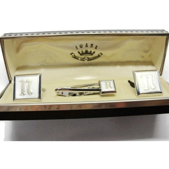 Signed Swank Set Silver Tone Square Cufflinks Neck Tie Clip Shirt Vintage IOB - Picture 4 of 12